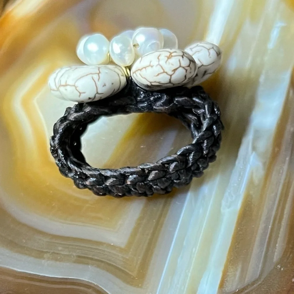 White Howlite/ Pearl Beaded Flower Braided Band Handmade Ring
